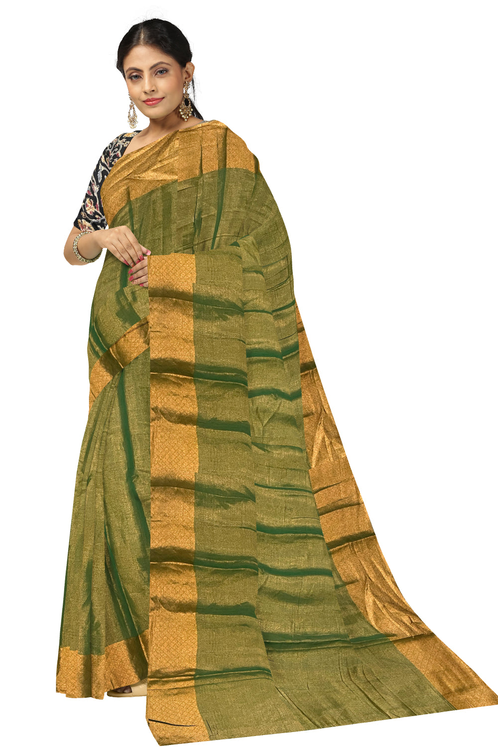 Southloom Green Tissue Plain Saree with Kalamkari Printed Blouse Piece