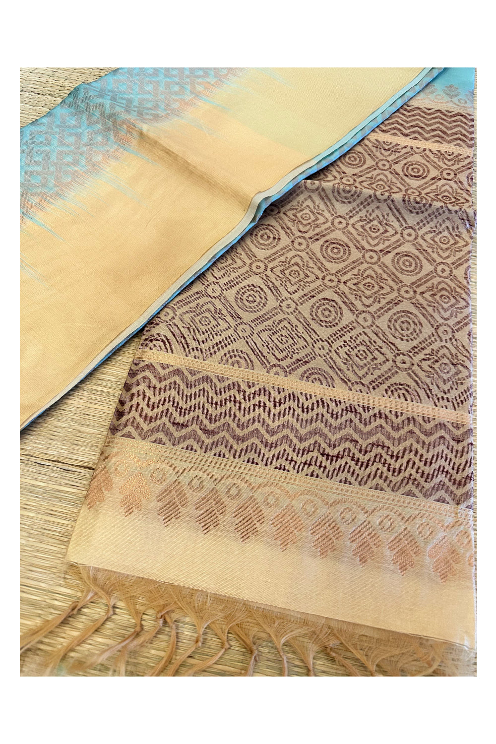 Southloom Semi Tussar Turquoise Woven Saree with Yellow Border