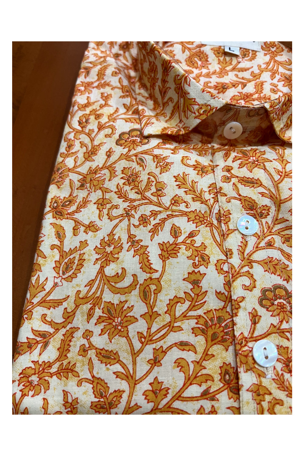 Southloom Jaipur Cotton Orange Floral Hand Block Printed Shirt (Half Sleeves)