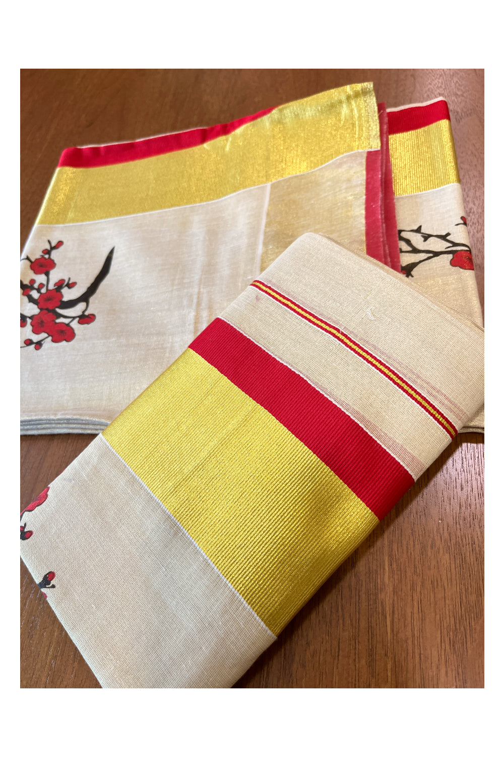 Kerala Tissue Set Mundu (Mundum Neriyathum) with Red Block Prints and Kasavu Border