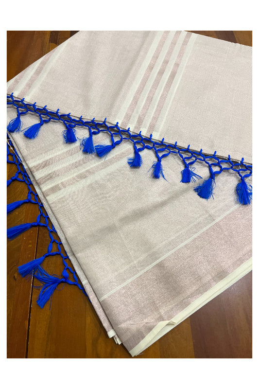Kerala Copper Tissue Kasavu Lines Design Saree with Blue Tassels on Pallu
