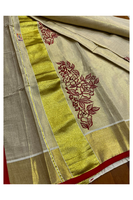 Kerala Tissue Kasavu Set Mundu (Mundum Neriyathum) with Handwork Design and Red Blouse Piece - 2.80Mtrs (Vishu 2024 Collection)
