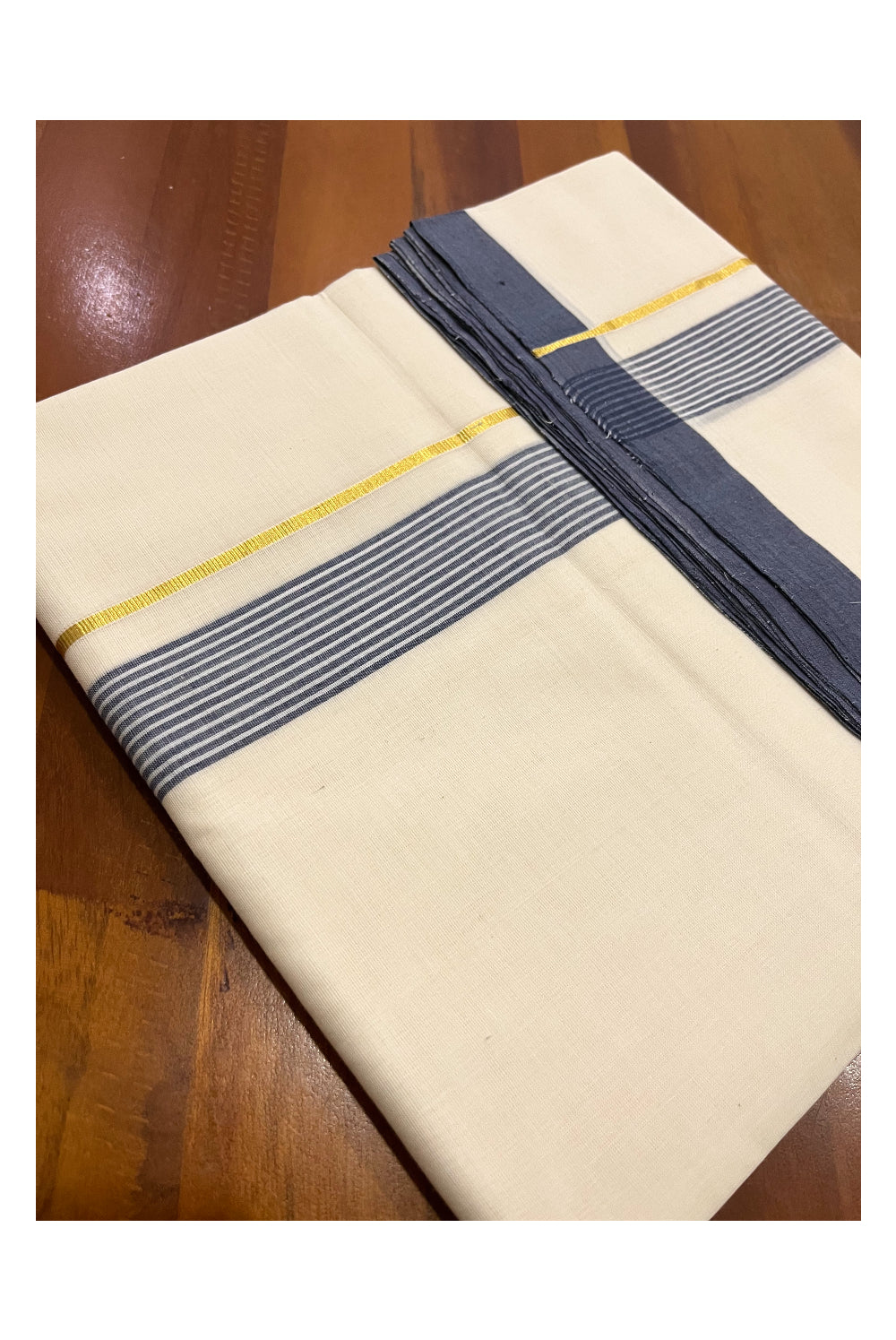 Premium Balaramapuram Unakkupaavu Handloom 10 Muzham Mundu with Kasavu and Blue Lines Border (South Indian Kerala Dhoti)