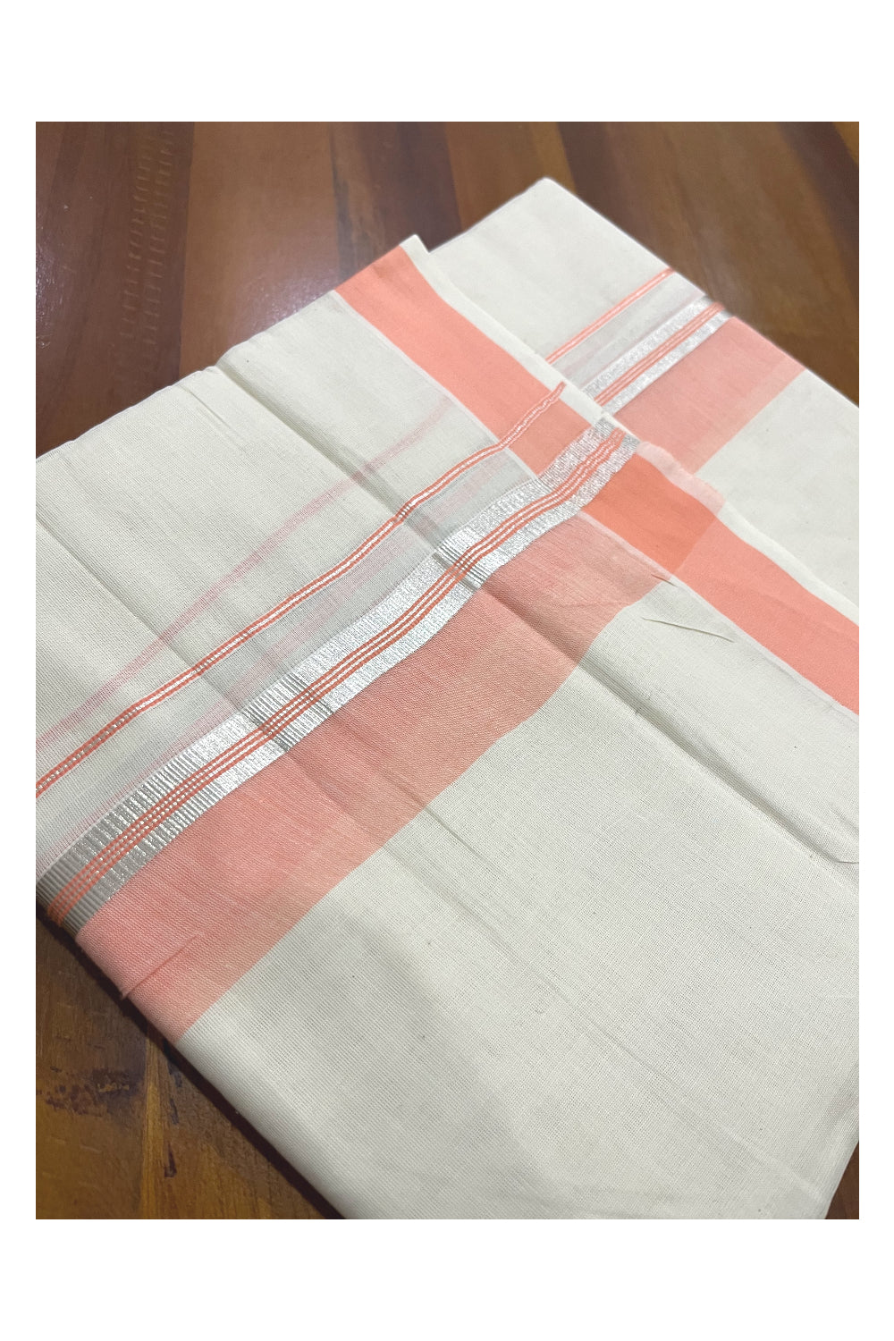 Pure Cotton Kerala Double Mundu with Peach and Silver Kasavu Kara (South Indian Kerala Dhoti)