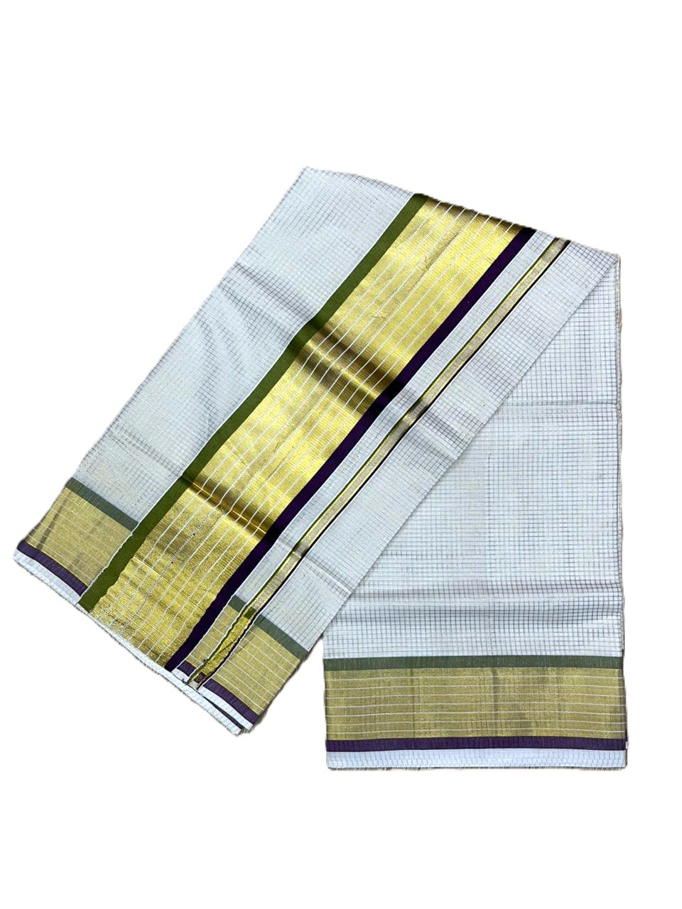Southloom Kerala Cotton Kasavu Saree with Micro Check Design on Body in Purple & Olive Green Border SL451