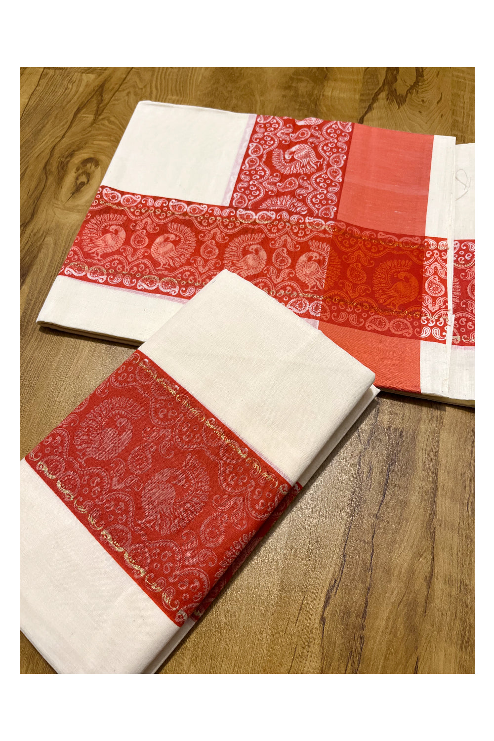 Kerala Cotton Single Set Mundu (Mundum Neriyathum) with Red Block print Border 2.80Mtrs