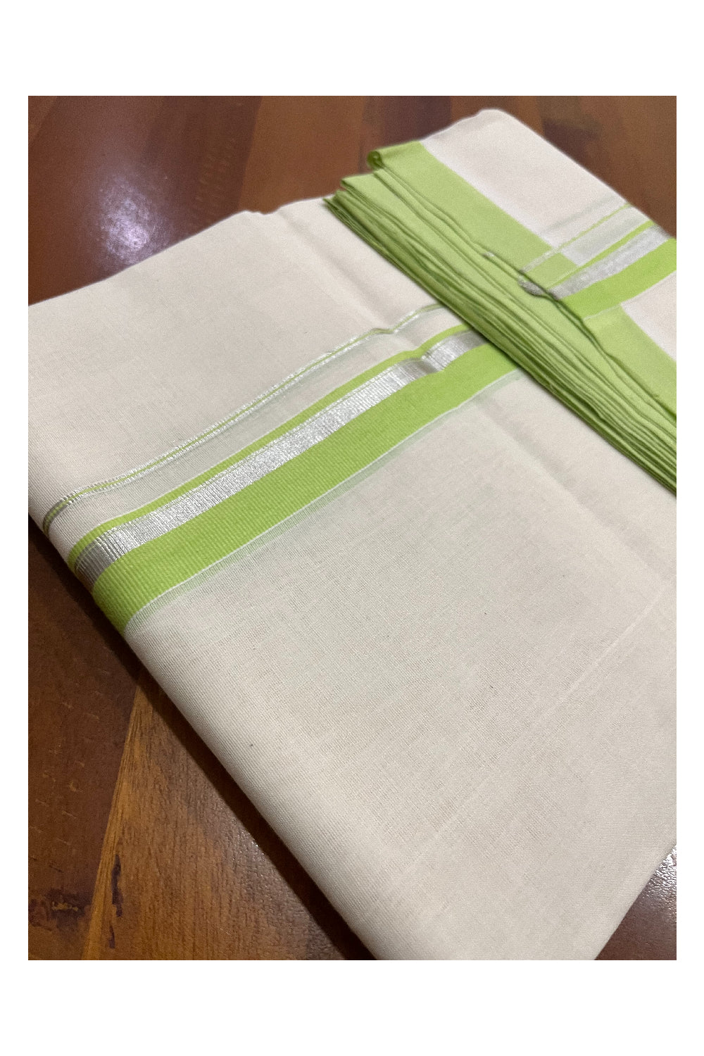 Southloom Premium Balaramapuram Unakkupaavu Handloom Mundu with Light Green and Silver Border (South Indian Kerala Dhoti)