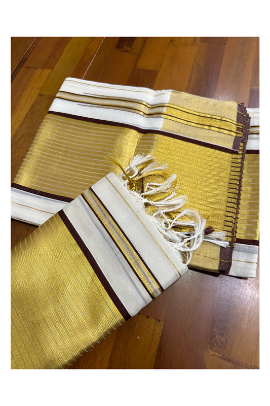 Southloom Premium Handloom Set Mundu with Brown Border and Kasavu Lines Across Body 2.80 Mtrs