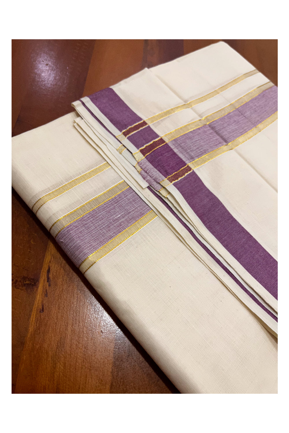 Kerala Cotton Double Mundu with Purple and Kasavu Border (Onam Mundu 2023)