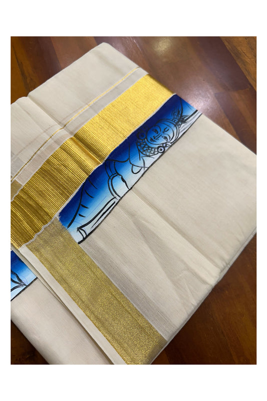 Kerala Pure Cotton Double Mundu with Hand Painted Designs on Kasavu Border(South Indian Kerala Dhoti)