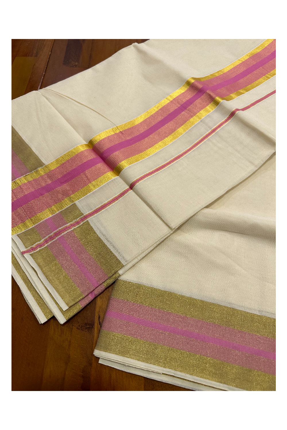 Kerala Pure Cotton Plain Saree with Kasavu and Pink Border