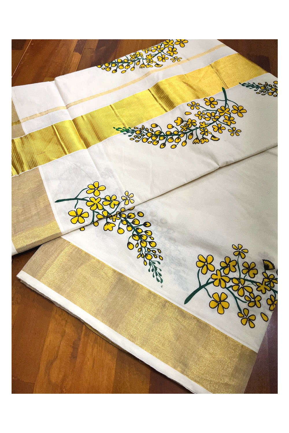 Pure Cotton Kerala Kasavu Saree with Floral Prints on Body