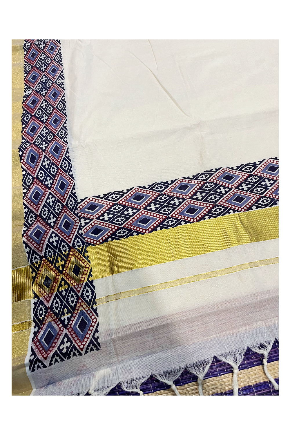 Kerala Pure Cotton Kasavu Saree with Ajrakh Stitched Borders and Matching Blouse Piece