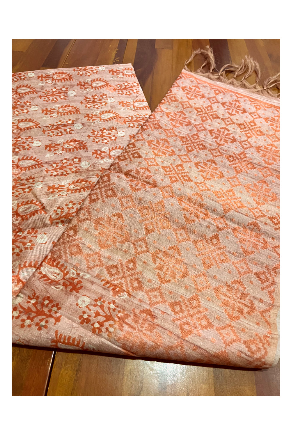 Southloom Semi Tussar Orange Floral Woven Designer Saree with Copper Border