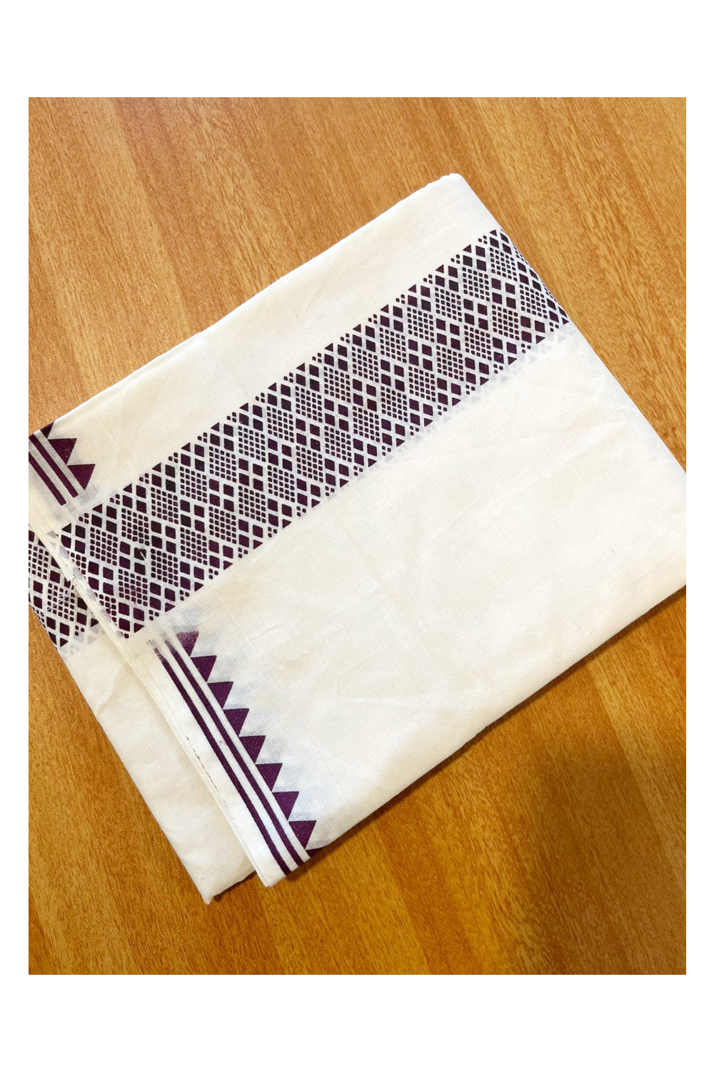 Pure Cotton Off White Double Mundu with Violet Block Prints On Border (South Indian Kerala Dhoti)