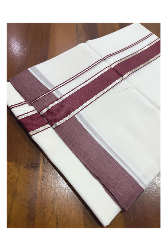 Pure White Cotton Double Mundu with Maroon and Silver Kasavu Border (South Indian Kerala Dhoti)