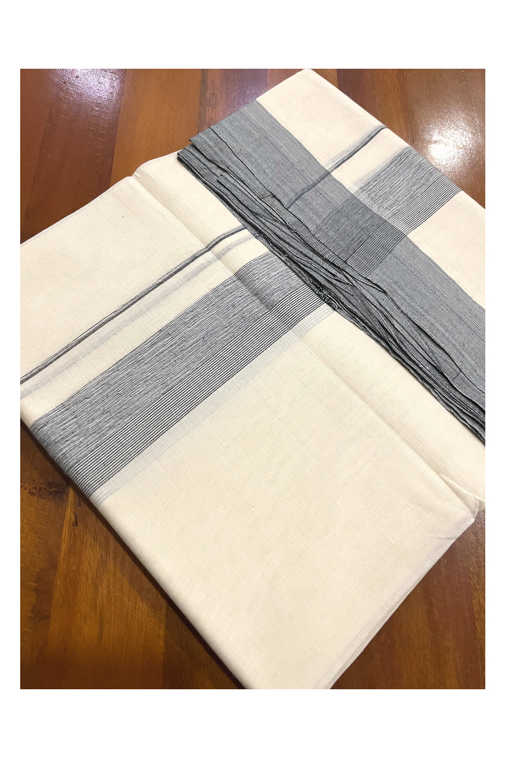 Pure Cotton Off White 100x100 Double Mundu with Grey Border (South Indian Kerala Dhoti)