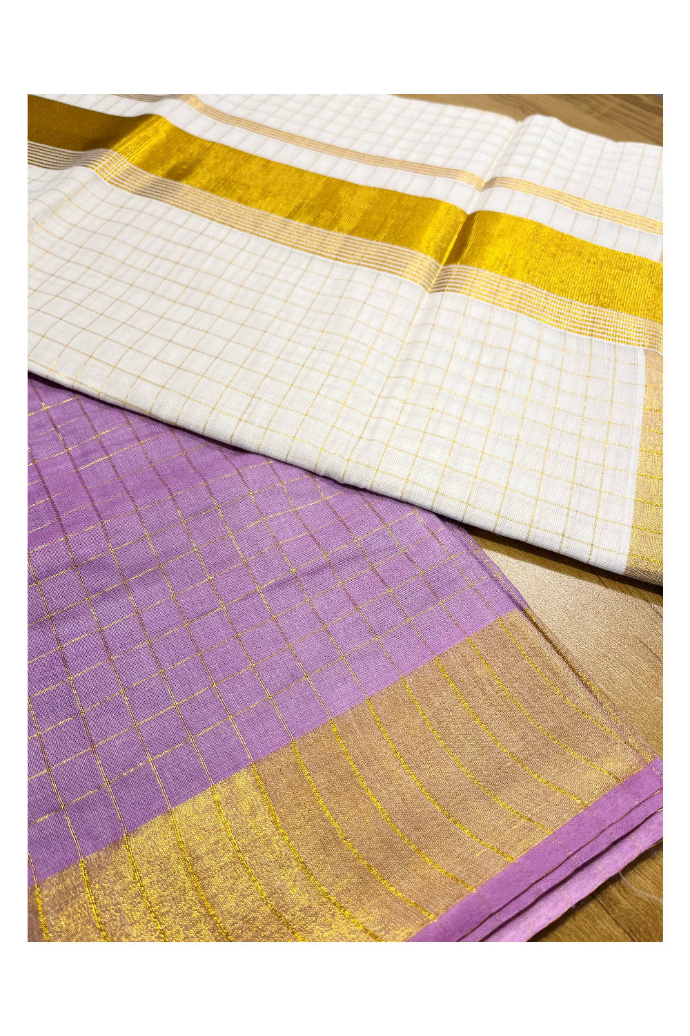 Southloom Cotton Tie & Dye - Half & Half Violet Design Saree with Kasavu Checks Across Body