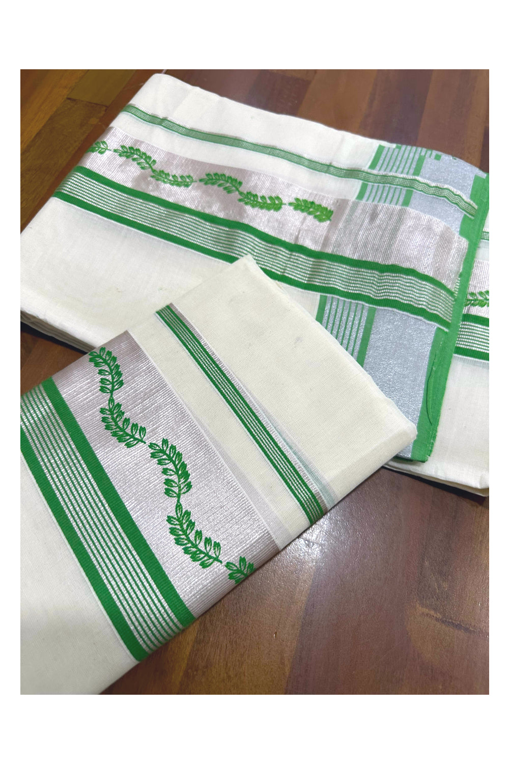 Kerala Cotton Single Set Mundu (Mundum Neriyathum) with Light Green Block Prints and Silver Kasavu Border 2.80 Mtrs (Onam set Mundu 2023)