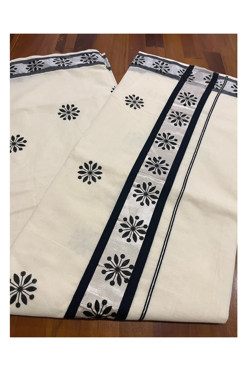 Pure Cotton Kerala Saree with Black Block Prints and Silver Border