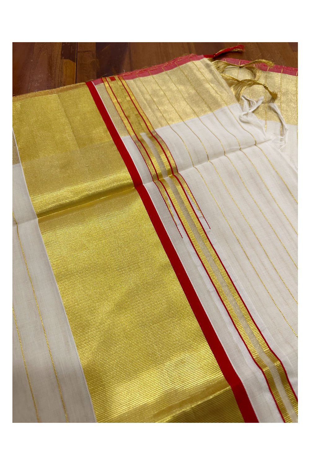 Southloom™ Handloom Kerala Saree with Kasavu Lines Across Body and Red Border (Onam Saree 2023)