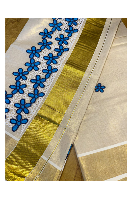 Kerala Tissue Kasavu Saree with Blue Floral Embroidery Works