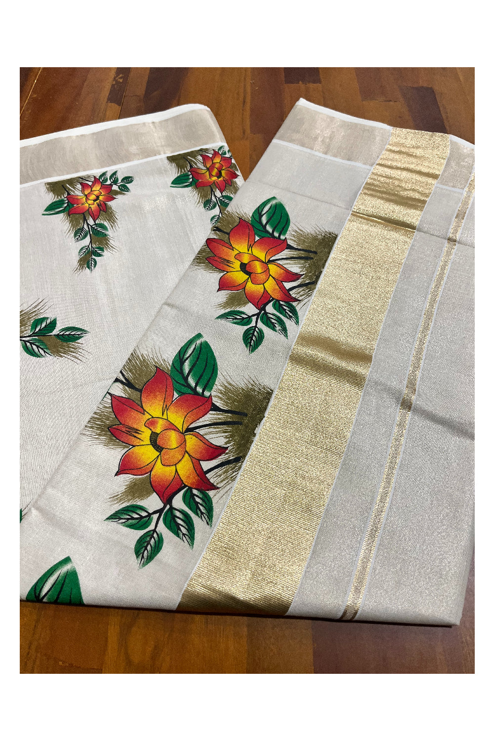 Kerala Tissue Kasavu Saree with Floral Block Printed Designs