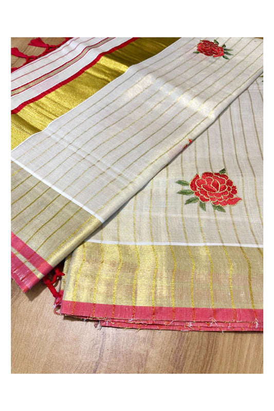 Southloom Kerala Tissue Kasavu Lines Saree with Red Floral Embroidery Works