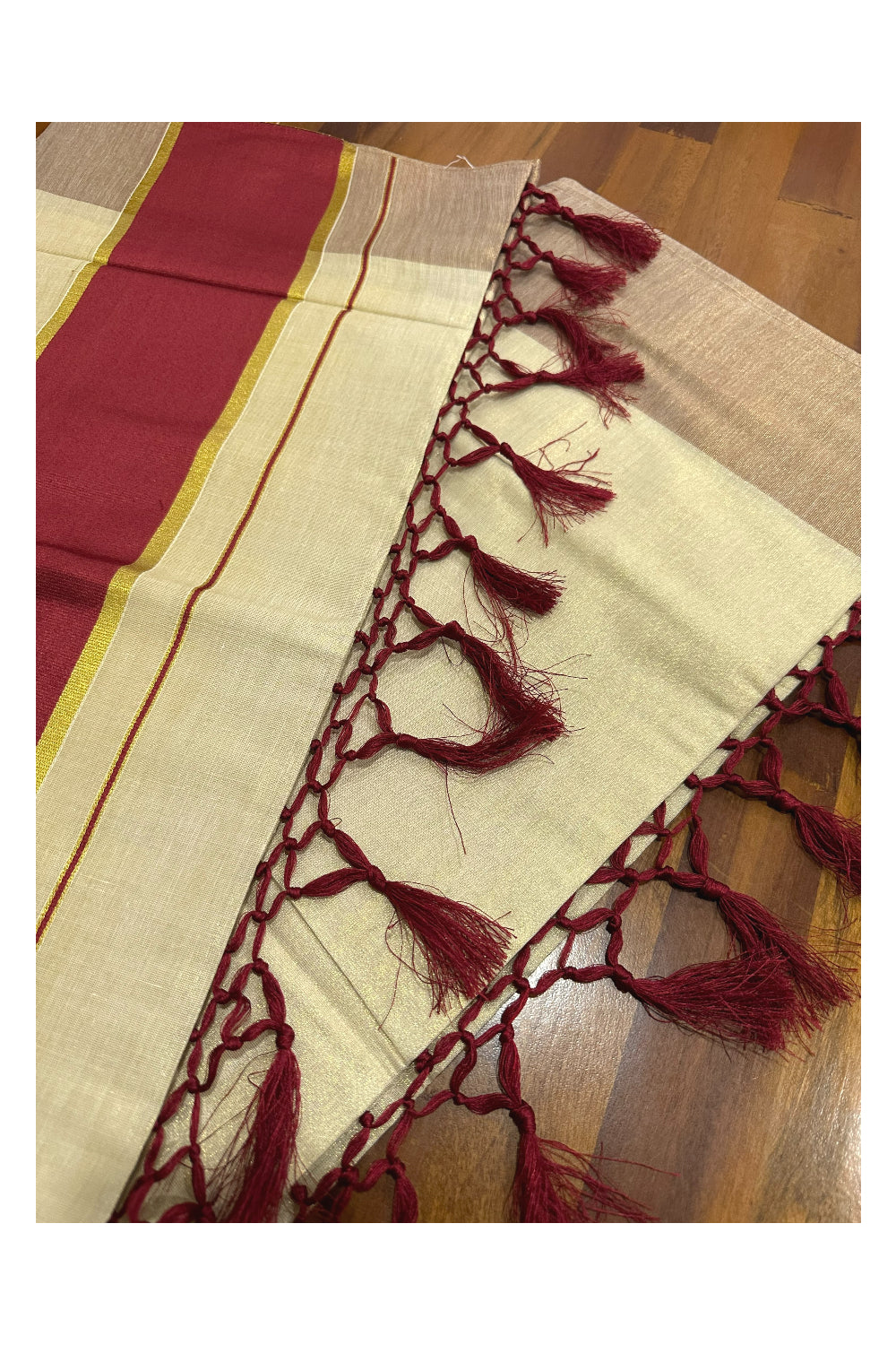 Kerala Kasavu Tissue Saree with Maroon Kara and Border (Onam Saree 2023)