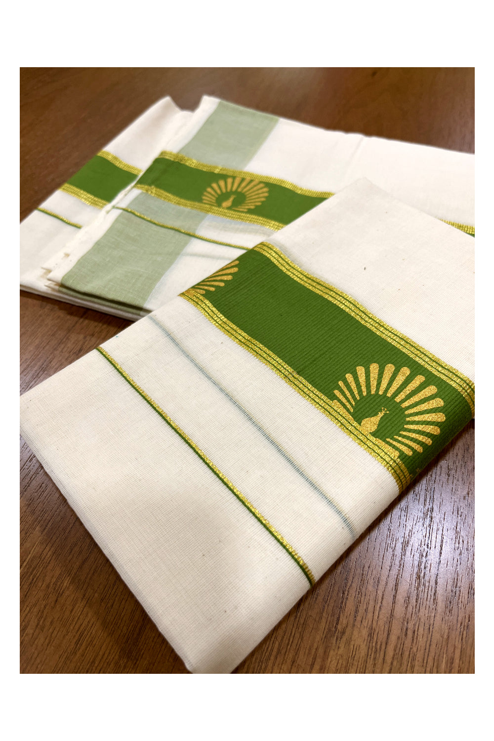 Cotton Single Set Mundu (Mundu Neriyathum) with Golden Block Prints on Green Border