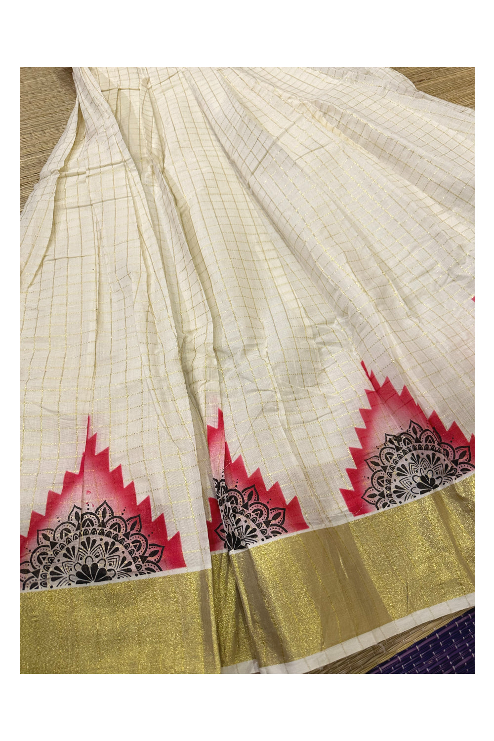 Semi Stitched Dhavani Set with Golden Check Design Pavada and Red Bead Work Blouse Piece