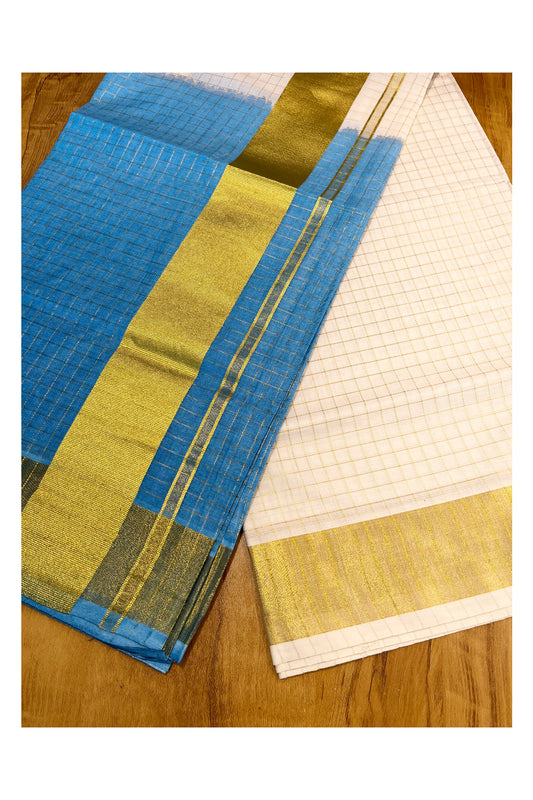 Southloom Cotton Tie & Dye - Half & Half Blue Design Saree with Kasavu Checks Across Body