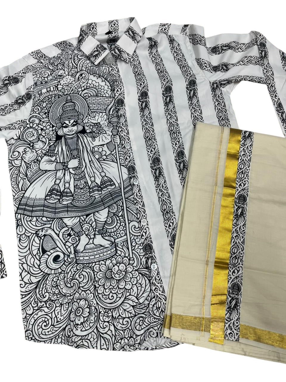 Southloom Premium Satin Kathakali Digital Print Design Men's Combo  (Shirt + Mundu) SL576