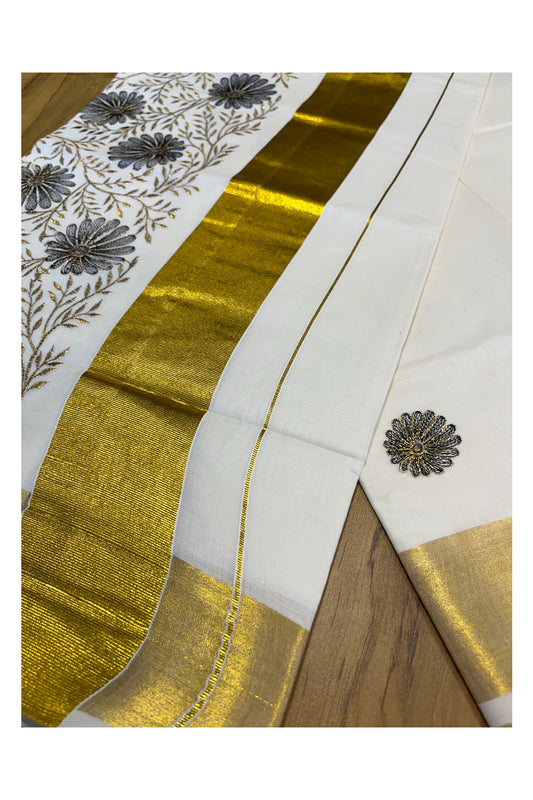 Kerala Cotton Kasavu Saree with Golden and Blue Floral Embroidery Work