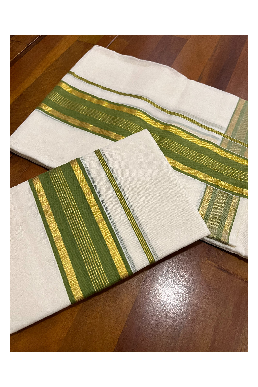 Pure Cotton Handloom Premium Kasavu Set Mundu (Mundum Neriyathum) with Green and Kasavu Border