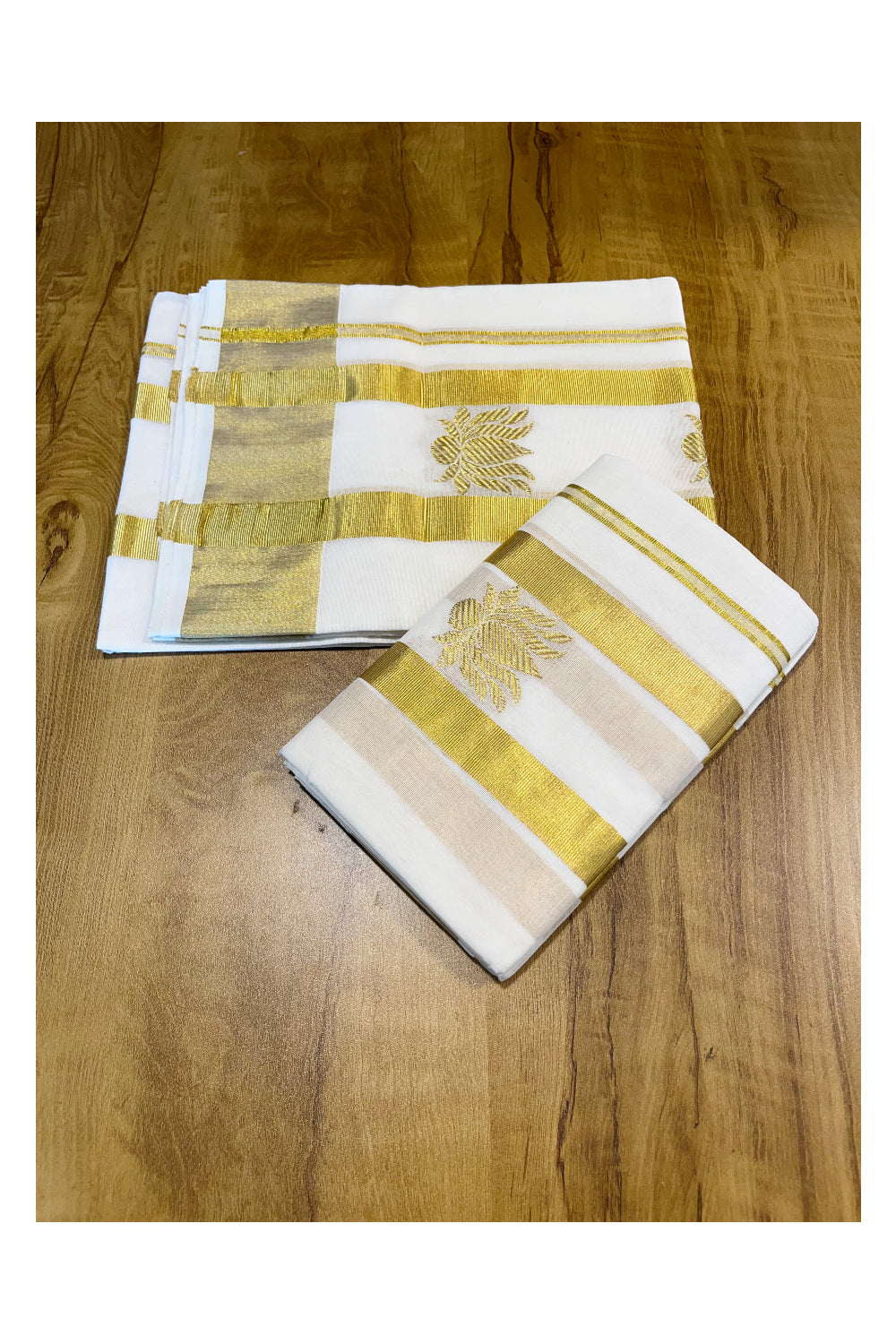 Southloom Handloom Premium Cotton Kasavu Set Mundu With Lotus Woven Patterns On Border (Mundum Neriyathum) 2.80 Mtrs