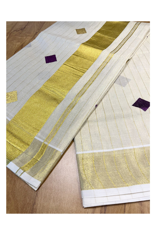 Kerala Tissue Kasavu Lines Saree with Violet and Golden Diagonal Woven Designs on Body and Pallu