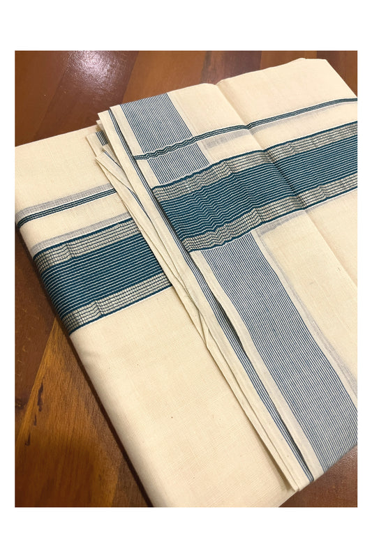 Pure Cotton Kerala Double Mundu with Silver Kasavu and Blue Kara (South Indian Kerala Dhoti)