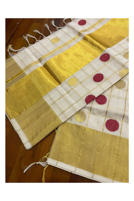 Southloom Premium Handloom Cotton Check Design Saree with Golden and Red Polka Work Across Body