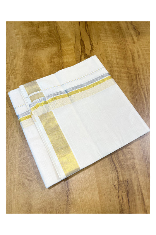 Kerala Pure Cotton Double Mundu with Silver and Golden Kasavu Border (South Indian Kerala Dhoti)