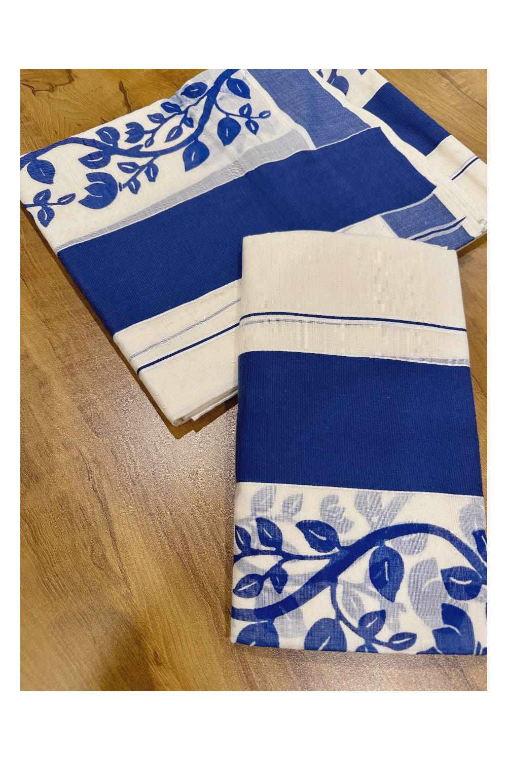 Southloom Original Design Single Set Mundu (Mundum Neriyathum) with Blue Floral Vines Block Print 2.80 Mtrs (Onam Set Mundu 2023)