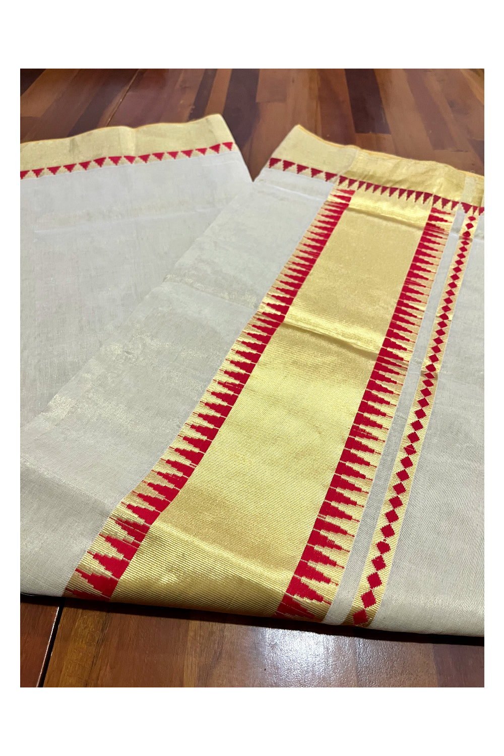 Southloom™ Premium Balaramapuram Handloom Tissue Saree with Red Temple Border