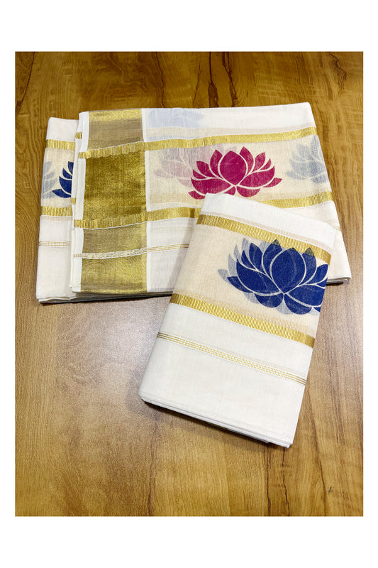 Kerala Tissue Single Set Mundu (Mundum Neriyathum) with Pink And Blue Lotus Block Prints On Kasavu Border 2.80 Mtrs