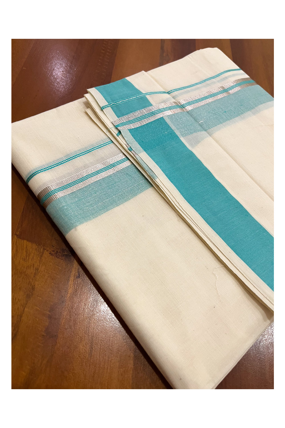 Kerala Cotton Double Mundu with Turquoise and Silver Kasavu Border (Onam Mundu 2023)