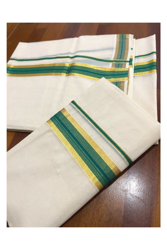 Kerala Cotton Mundum Neriyathum Single (Set Mundu) with Kasavu and Green Border 2.80 Mtrs