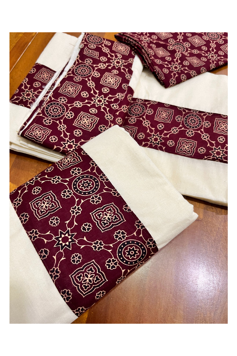 Kerala Cotton Set Mundu (Mundum Neriyathum) with Maroon Prints and Seperate Blouse Piece 2.80 Mtrs