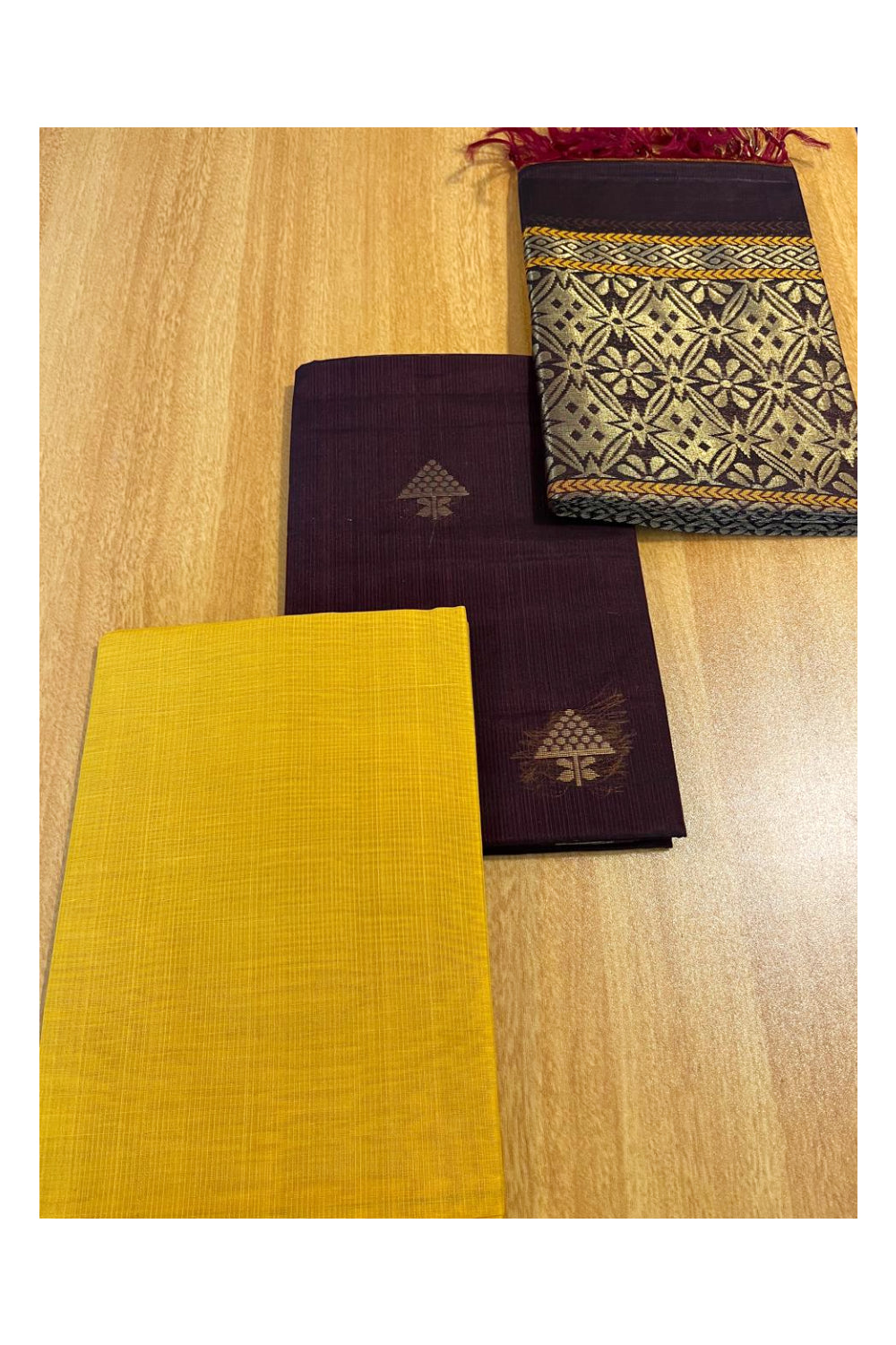 Southloom™ Original Handloom Cotton Pure Silk 3 Piece Brown and Yellow Salwar Material with Woven Zari Butta Work