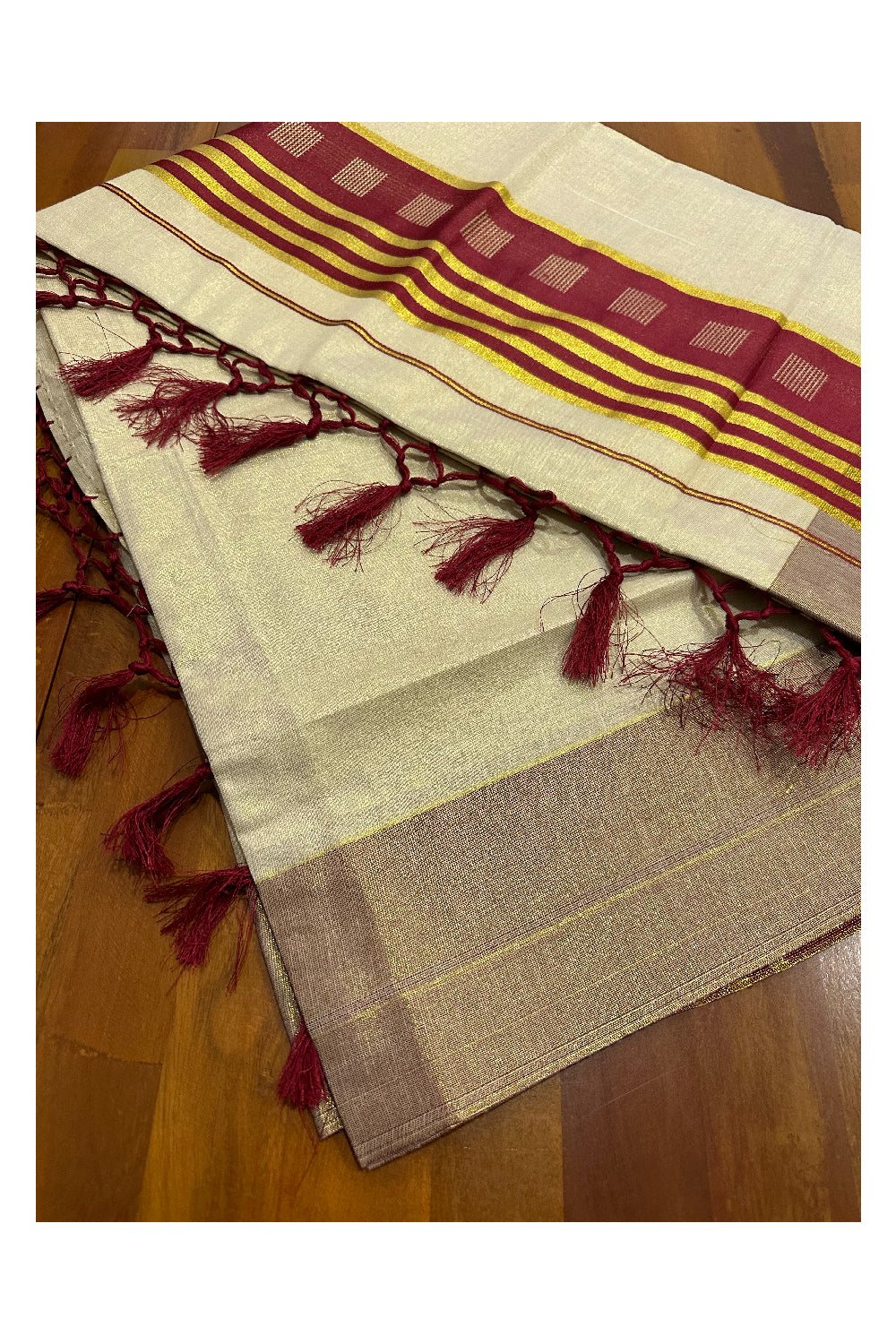 Kerala Tissue Saree with Kasavu Maroon Border and Tassels Works on Pallu (Onam Saree 2023)