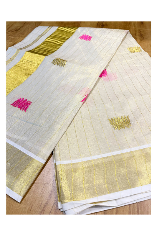 Kerala Tissue Kasavu Lines Saree with Pink And Golden Lotus Embroidery Works