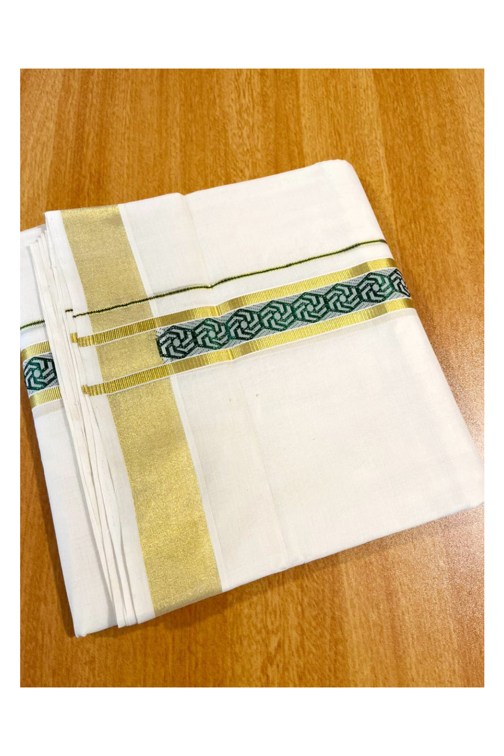 Southloom Premium Handloom Pure Cotton Mundu with Green and Kasavu Woven Border